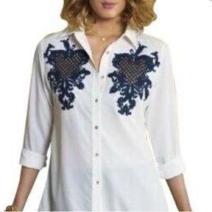 Soft Surroundings Label Noir White Sheer Button Down Top Navy Crochet Detail M